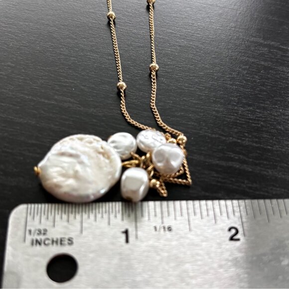 Gold Tone Double Chain Necklace With Fux Freshwater Pearl Cluster Pendant - Picture 7 of 9